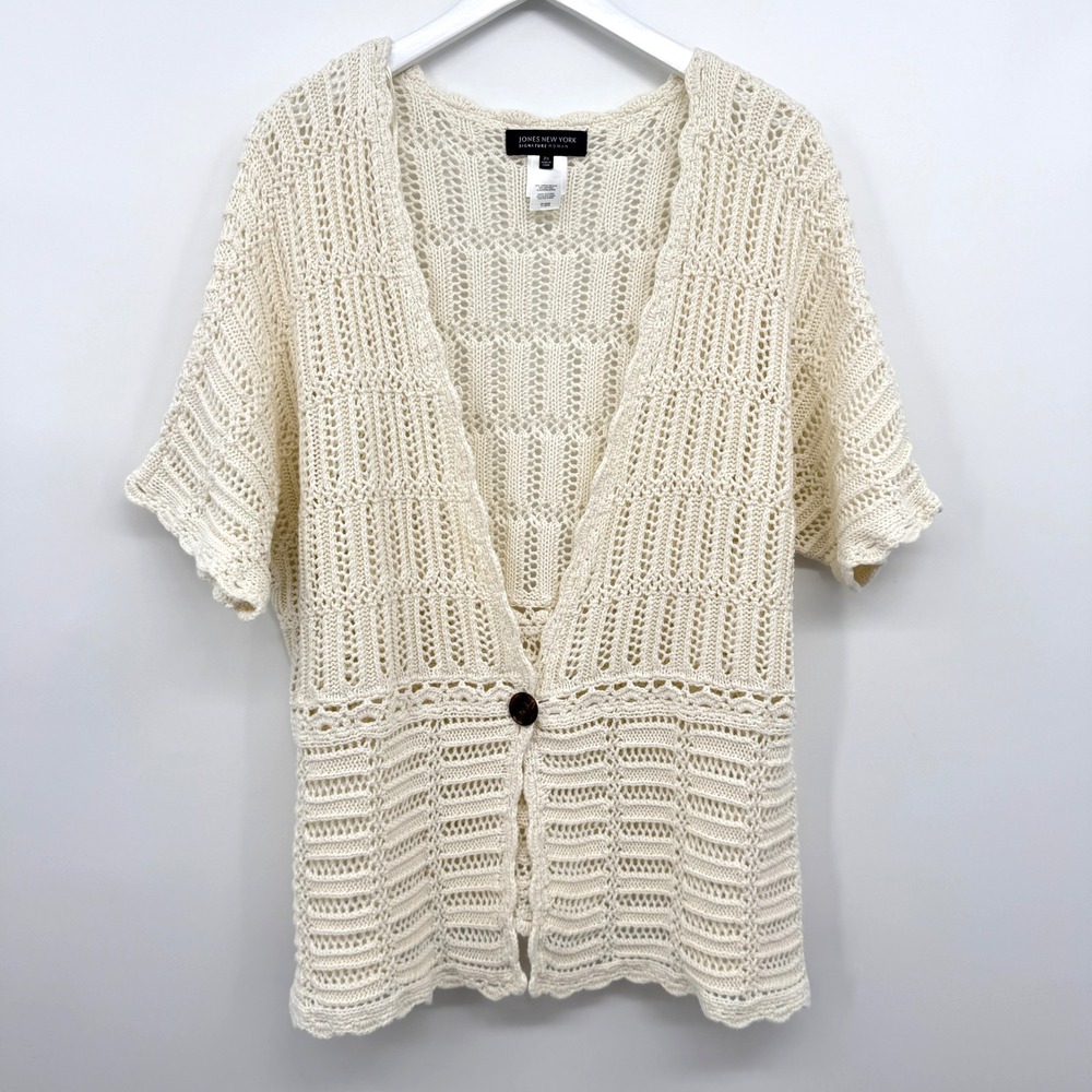 Jones New York Cardigan Sweater Size 2X Crochet Linen Blend Coastal Cottagecore